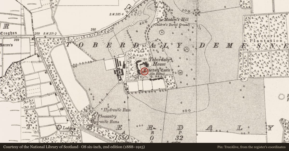 Ordnance Survey six-inch map, 2nd edition (1888–1915) covering the location of Bawn, Toberdaly, County Offaly, with a pin at the register's coordinates