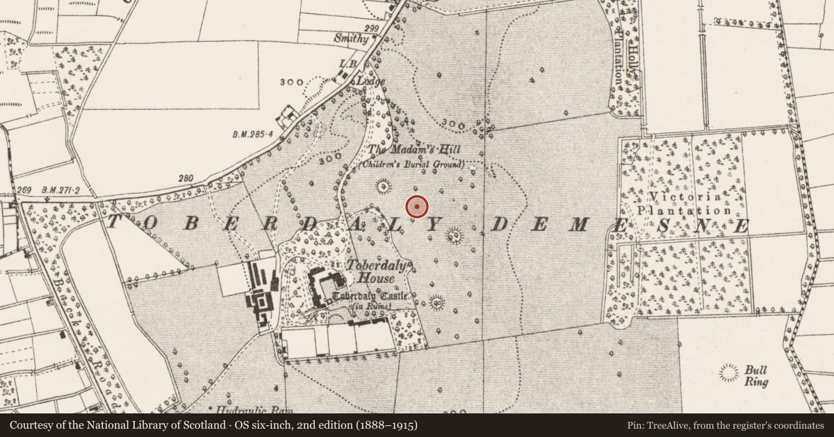 Ordnance Survey six-inch map, 2nd edition (1888–1915) covering the location of Designed landscape - tree-ring, Toberdaly, County Offaly, with a pin at the register's coordinates