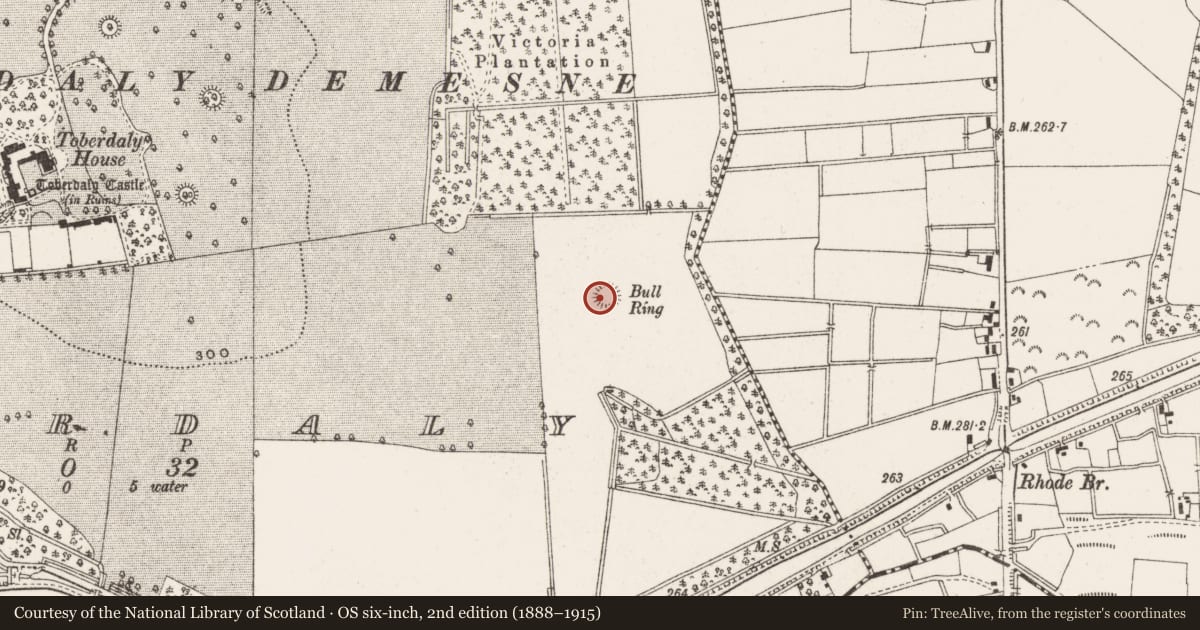 Ordnance Survey six-inch map, 2nd edition (1888–1915) covering the location of Enclosure, Toberdaly, County Offaly, with a pin at the register's coordinates