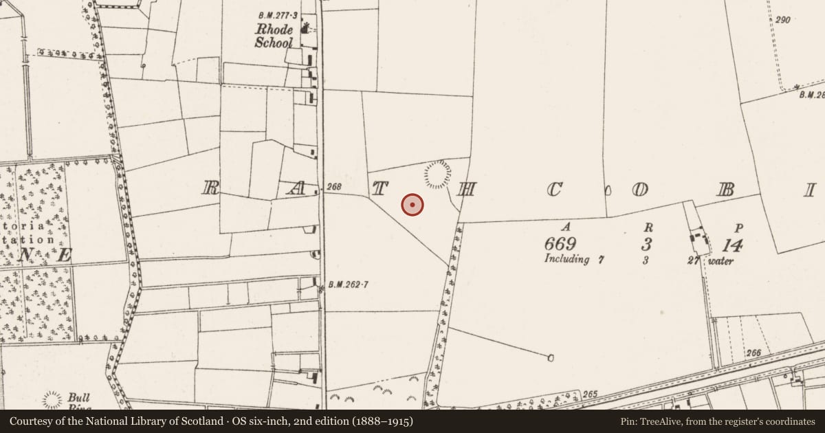 Ordnance Survey six-inch map, 2nd edition (1888–1915) covering the location of Field system, Rathcobican, County Offaly, with a pin at the register's coordinates