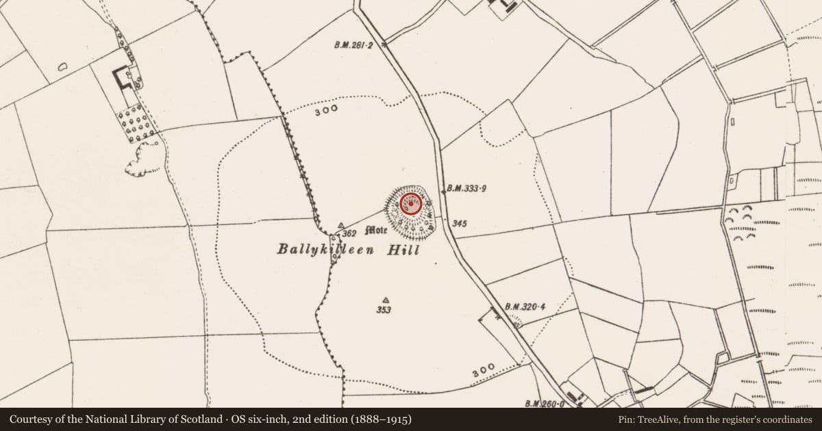 Ordnance Survey six-inch map, 2nd edition (1888–1915) covering the location of Designed landscape - tea house, Ballykilleen, County Offaly, with a pin at the register's coordinates