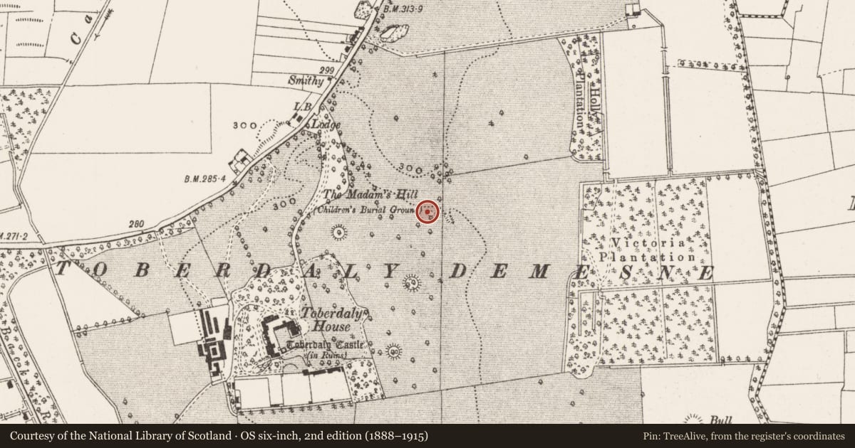 Ordnance Survey six-inch map, 2nd edition (1888–1915) covering the location of Children's burial ground, Toberdaly, County Offaly, with a pin at the register's coordinates