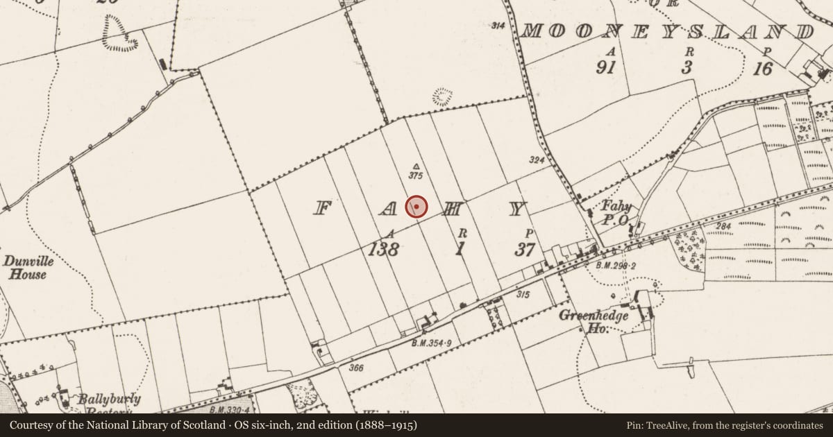 Ordnance Survey six-inch map, 2nd edition (1888–1915) covering the location of Barrow - ring-barrow, Ballymoran, County Offaly, with a pin at the register's coordinates