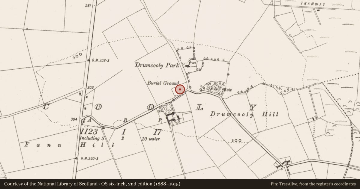 Ordnance Survey six-inch map, 2nd edition (1888–1915) covering the location of Church, Drumcooly, County Offaly, with a pin at the register's coordinates