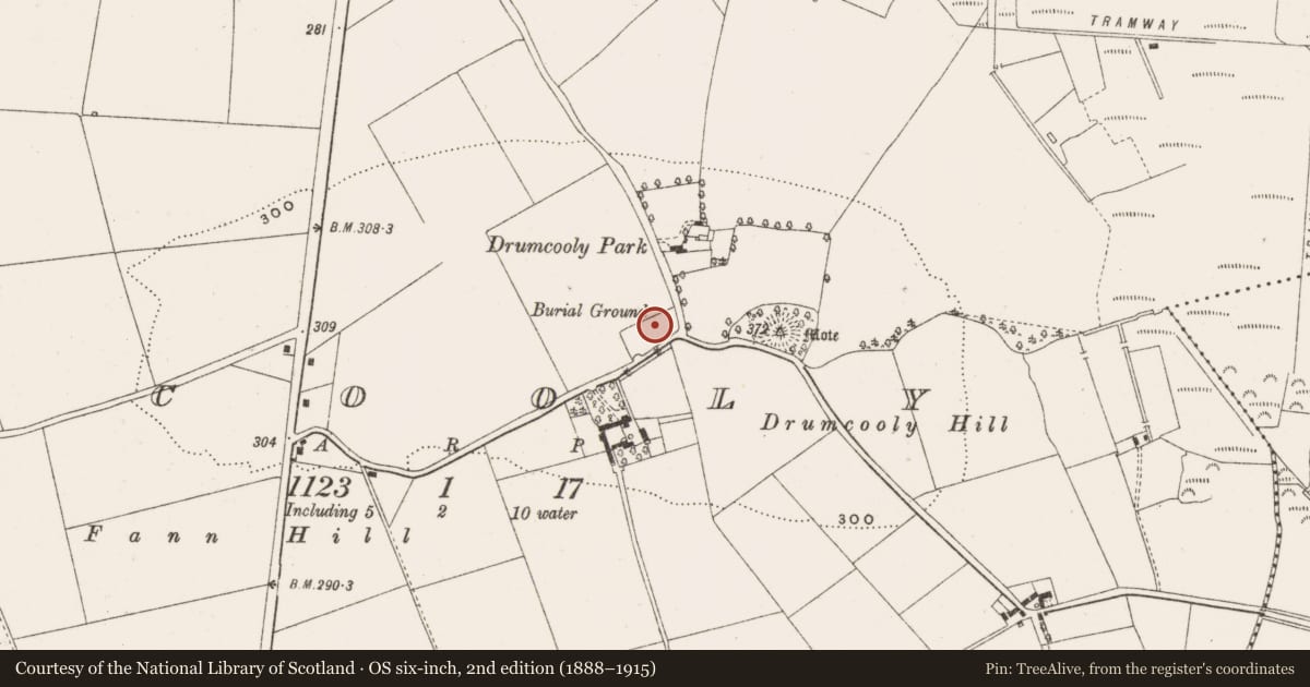 Ordnance Survey six-inch map, 2nd edition (1888–1915) covering the location of Graveyard, Drumcooly, County Offaly, with a pin at the register's coordinates