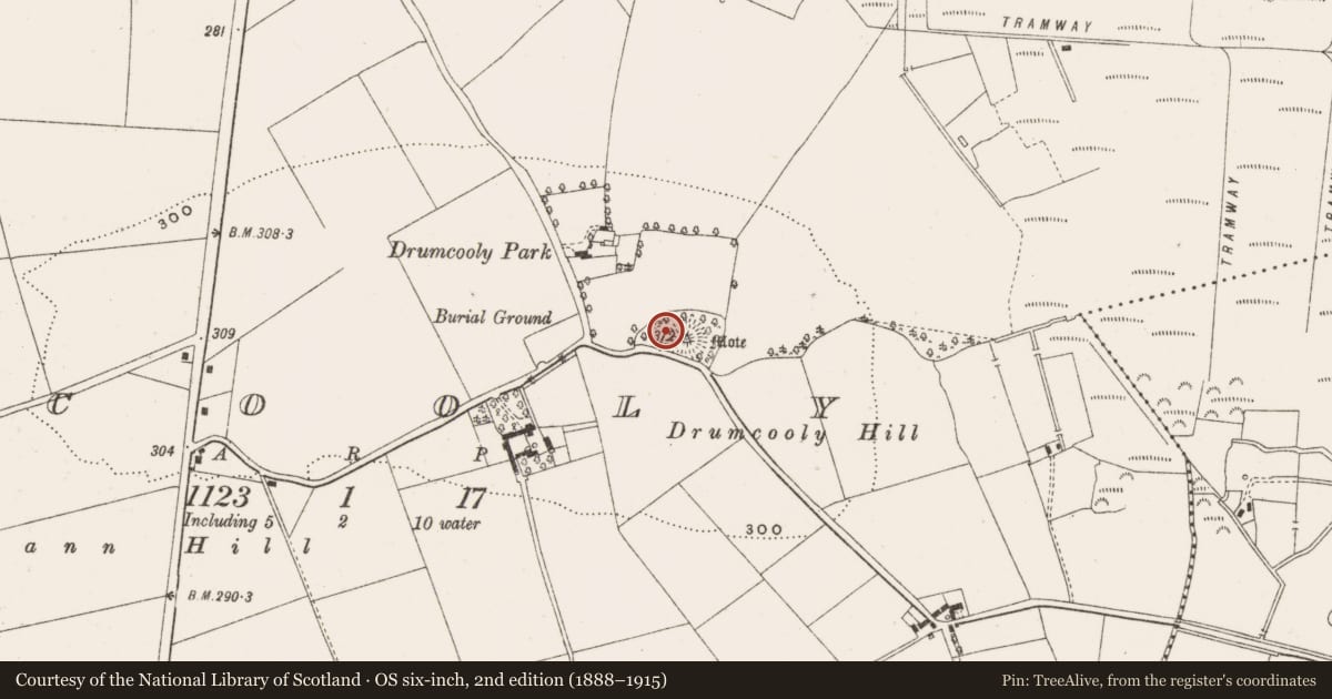Ordnance Survey six-inch map, 2nd edition (1888–1915) covering the location of Enclosure, Drumcooly, County Offaly, with a pin at the register's coordinates