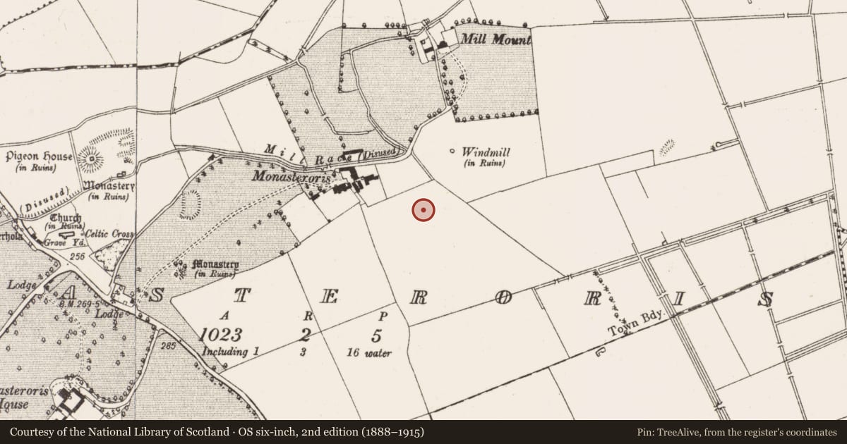 Ordnance Survey six-inch map, 2nd edition (1888–1915) covering the location of Mill - unclassified, Monasteroris, County Offaly, with a pin at the register's coordinates