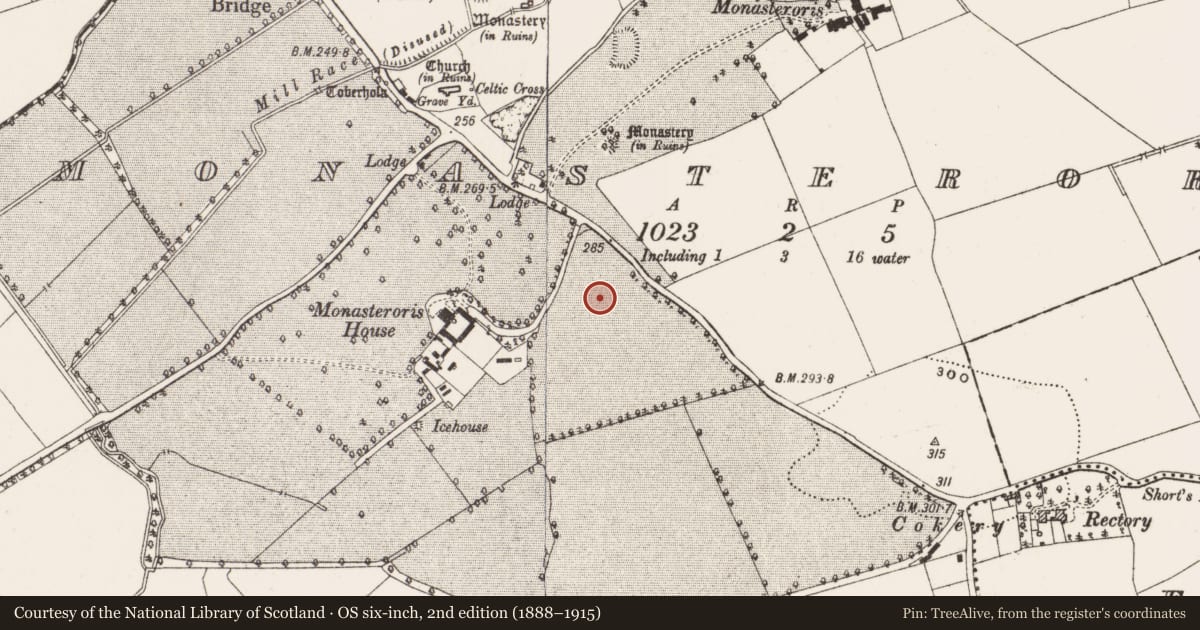 Ordnance Survey six-inch map, 2nd edition (1888–1915) covering the location of Earthwork, Monasteroris, County Offaly, with a pin at the register's coordinates