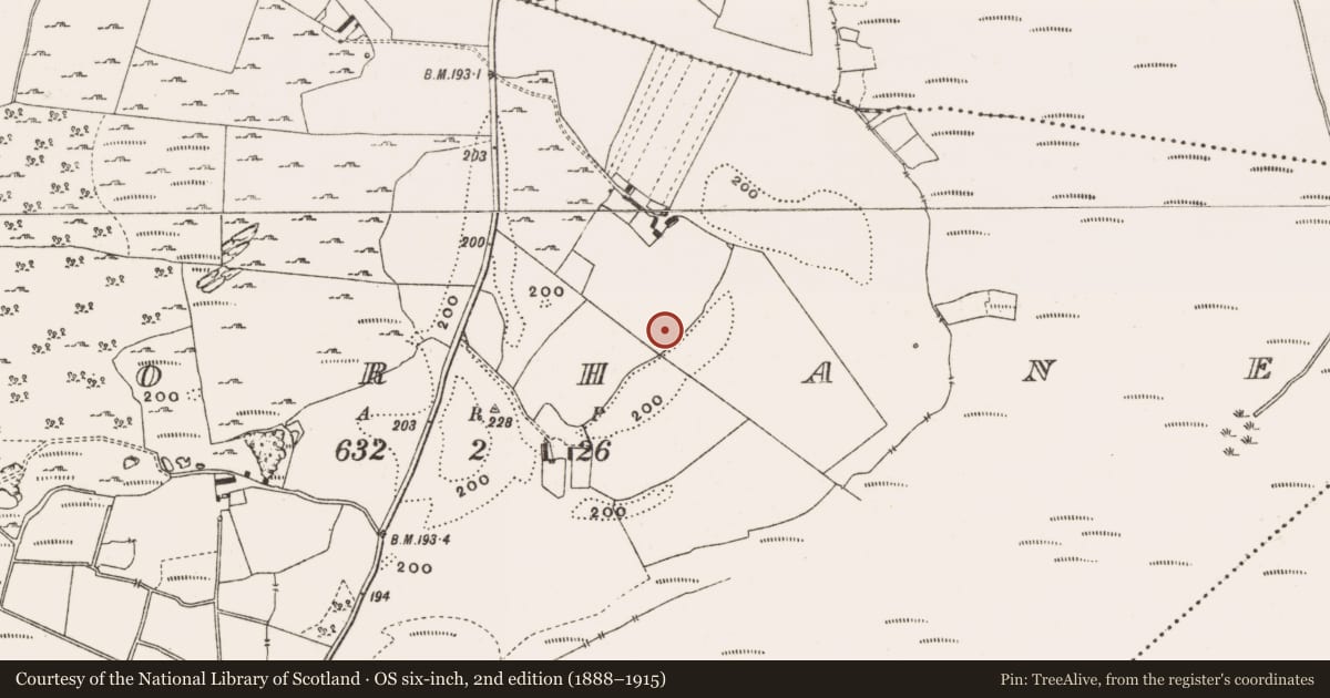Ordnance Survey six-inch map, 2nd edition (1888–1915) covering the location of Children's burial ground, Clorhane, County Offaly, with a pin at the register's coordinates