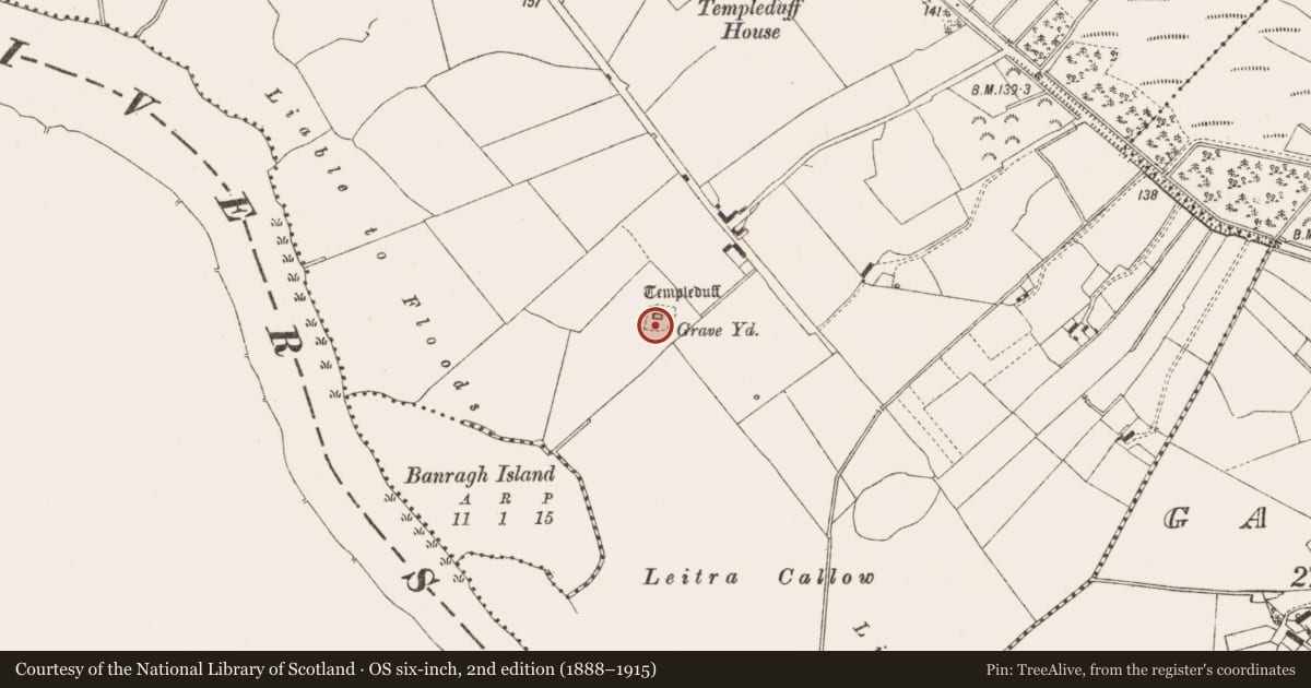 Ordnance Survey six-inch map, 2nd edition (1888–1915) covering the location of Graveyard, Cloniffeen, County Offaly, with a pin at the register's coordinates
