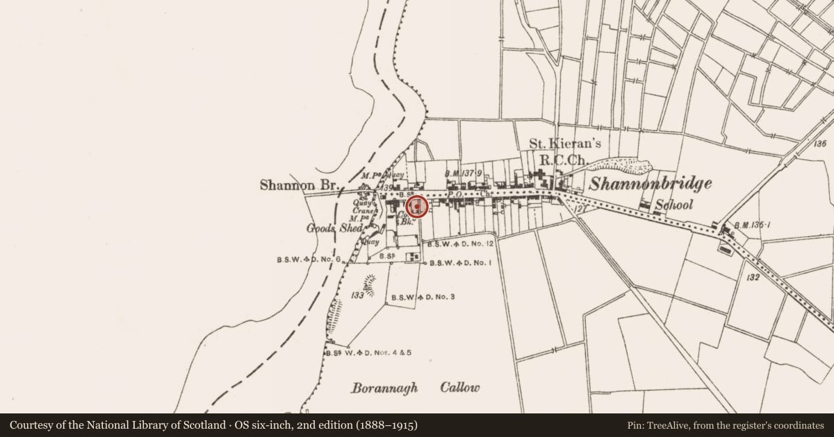 Ordnance Survey six-inch map, 2nd edition (1888–1915) covering the location of Castle - unclassified, Raghra, Cloniffeen, County Offaly, with a pin at the register's coordinates