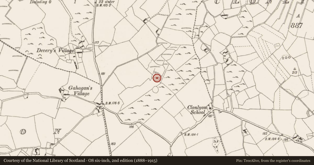 Ordnance Survey six-inch map, 2nd edition (1888–1915) covering the location of Enclosure, Clonlyon, Castlequarter, County Offaly, with a pin at the register's coordinates