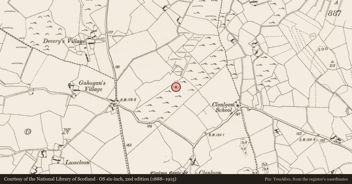 Ordnance Survey six-inch map, 2nd edition (1888–1915) covering the location of Enclosure, Clonlyon, Castlequarter, County Offaly, with a pin at the register's coordinates