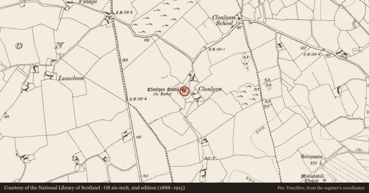 Ordnance Survey six-inch map, 2nd edition (1888–1915) covering the location of Castle - tower house, Clonlyon, Castlequarter, County Offaly, with a pin at the register's coordinates