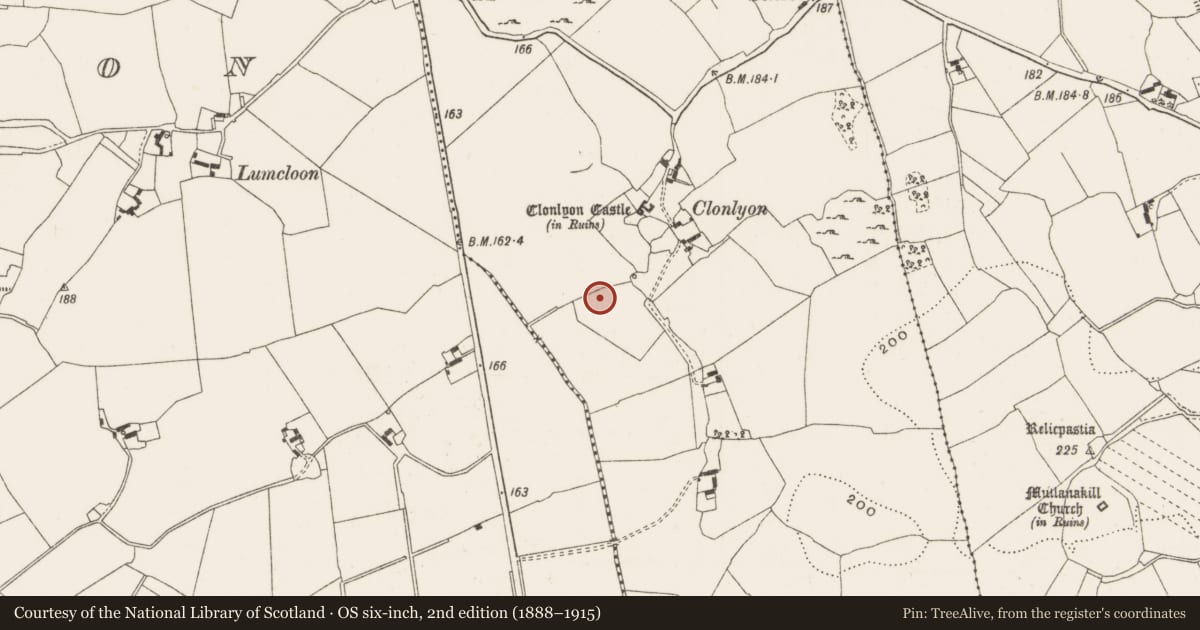Ordnance Survey six-inch map, 2nd edition (1888–1915) covering the location of Enclosure, Clonlyon, Castlequarter, County Offaly, with a pin at the register's coordinates