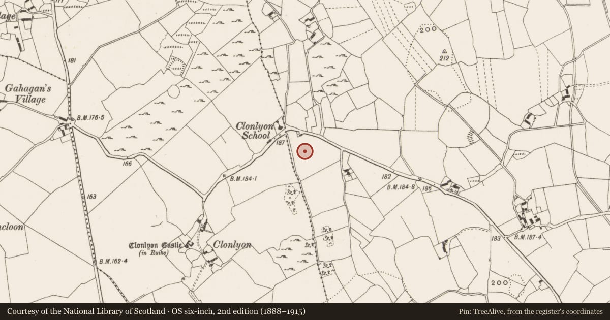 Ordnance Survey six-inch map, 2nd edition (1888–1915) covering the location of Enclosure, Clonlyon Glebe, County Offaly, with a pin at the register's coordinates