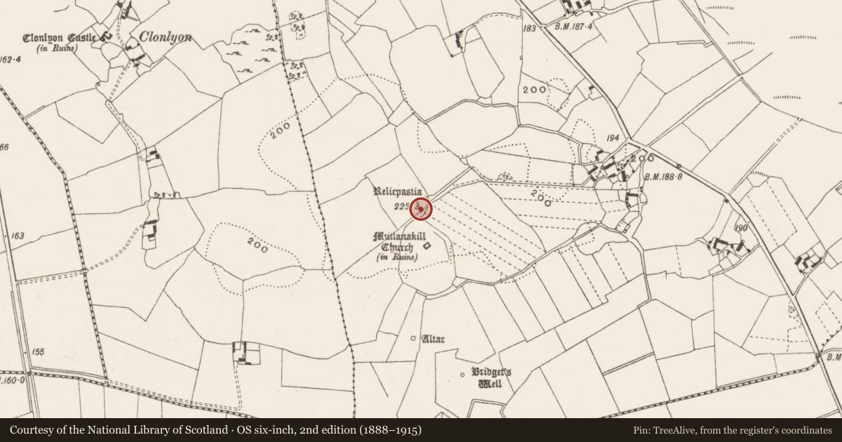 Ordnance Survey six-inch map, 2nd edition (1888–1915) covering the location of Children's burial ground, Clonlyon Glebe, County Offaly, with a pin at the register's coordinates