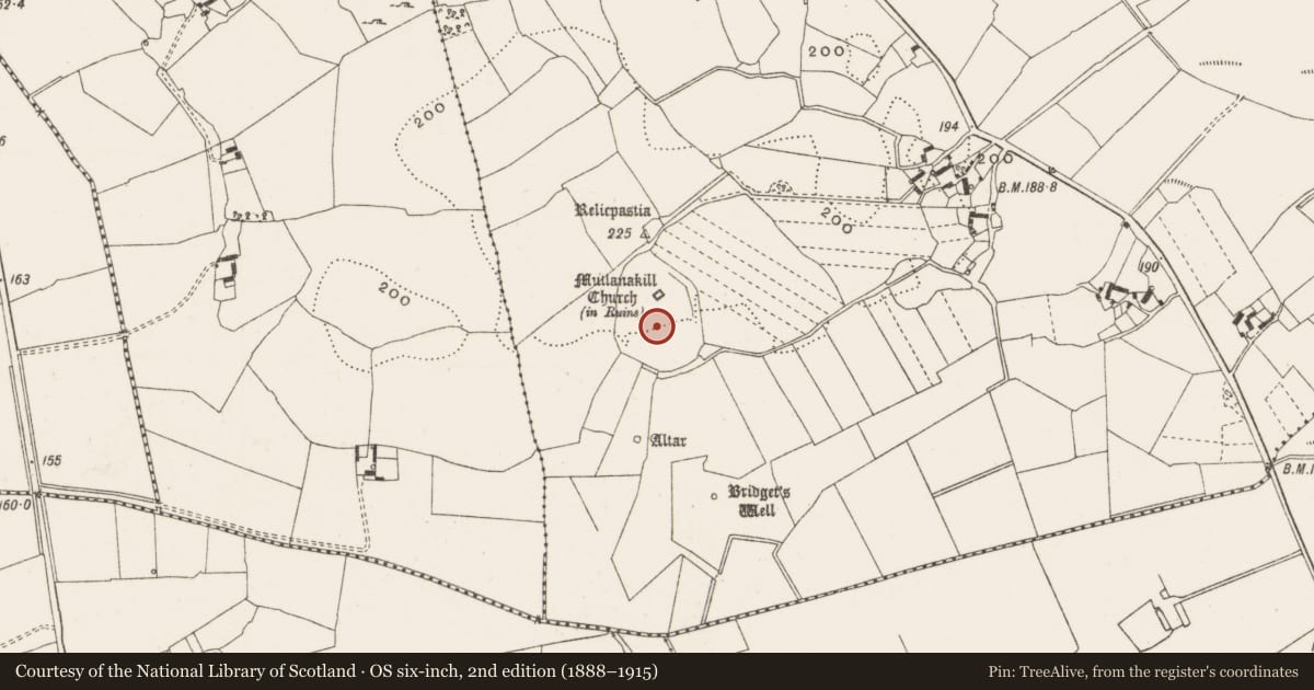 Ordnance Survey six-inch map, 2nd edition (1888–1915) covering the location of Ecclesiastical enclosure, Clonlyon Glebe, County Offaly, with a pin at the register's coordinates