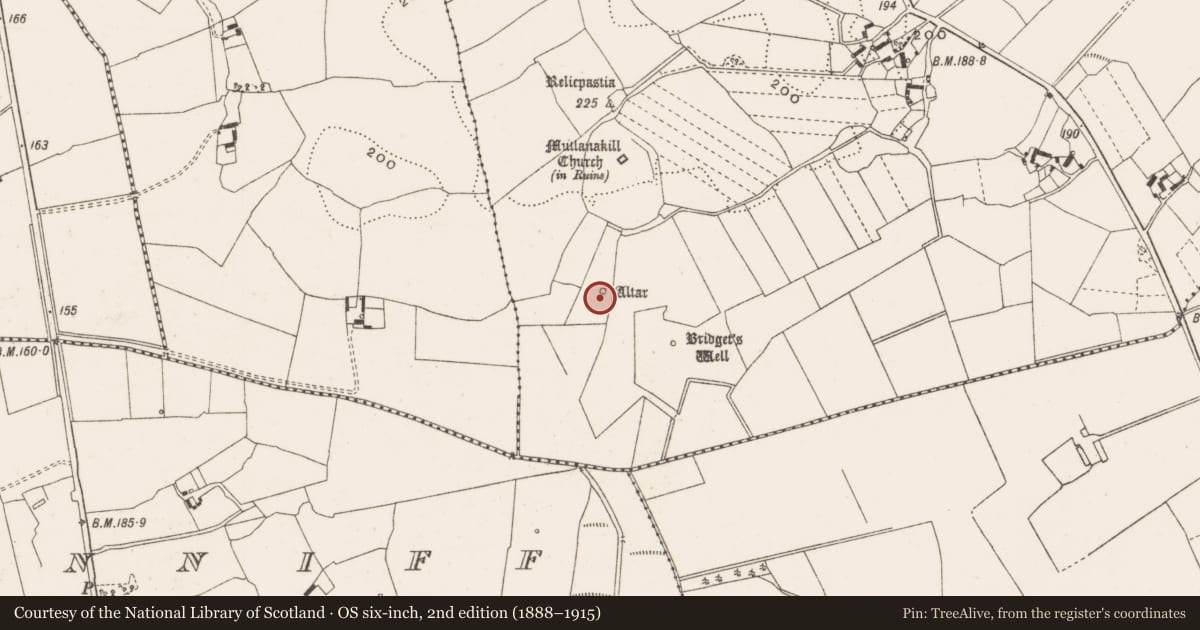 Ordnance Survey six-inch map, 2nd edition (1888–1915) covering the location of Altar, Clonlyon Glebe, County Offaly, with a pin at the register's coordinates