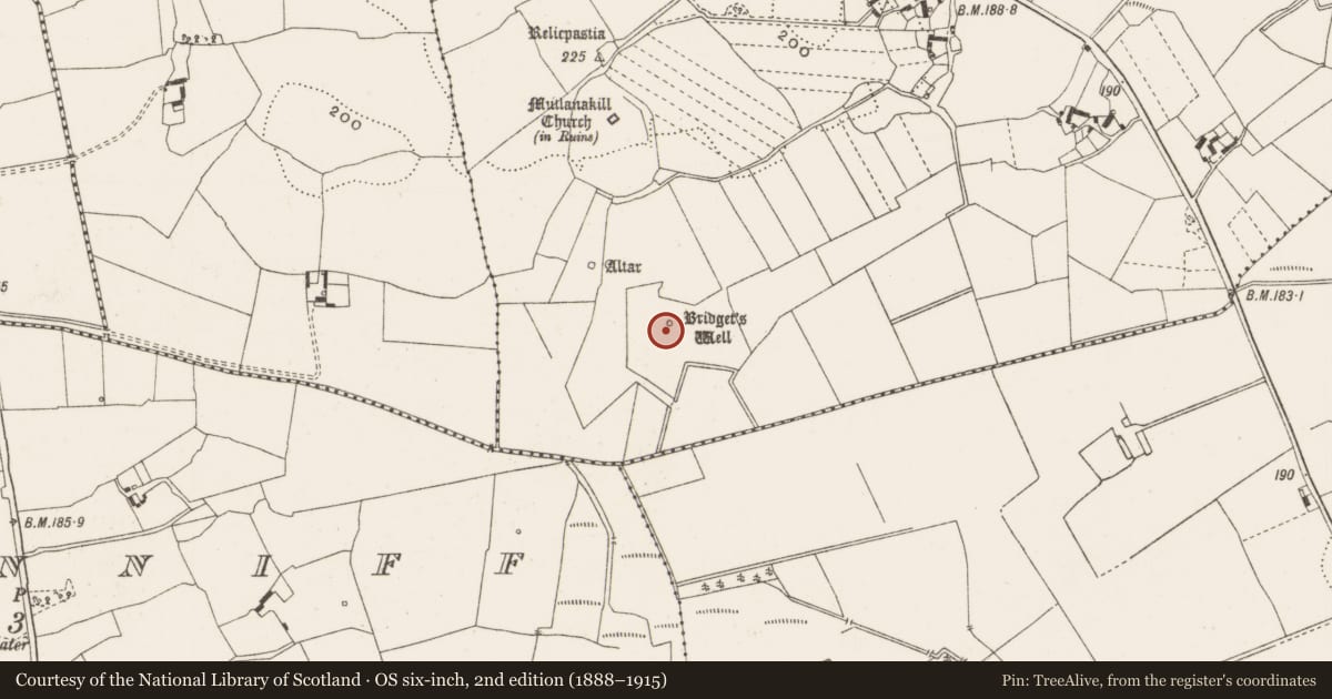 Ordnance Survey six-inch map, 2nd edition (1888–1915) covering the location of Ritual site - holy well, Clonlyon Glebe, County Offaly, with a pin at the register's coordinates