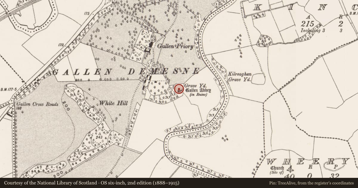 Ordnance Survey six-inch map, 2nd edition (1888–1915) covering the location of Ritual site - holy tree/bush, Gallen, County Offaly, with a pin at the register's coordinates