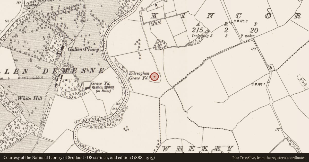 Ordnance Survey six-inch map, 2nd edition (1888–1915) covering the location of Wall monument, Kincora, County Offaly, with a pin at the register's coordinates