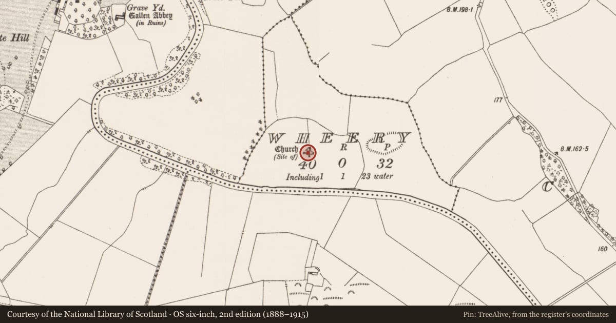 Ordnance Survey six-inch map, 2nd edition (1888–1915) covering the location of Church, Wheery, County Offaly, with a pin at the register's coordinates