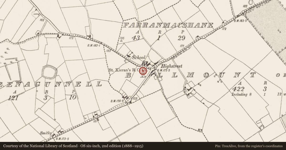 Ordnance Survey six-inch map, 2nd edition (1888–1915) covering the location of Cross-slab (present location), Bellmount Or Lisderg, County Offaly, with a pin at the register's coordinates