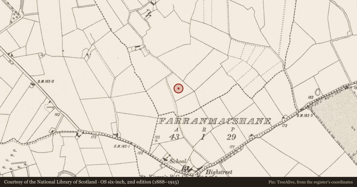 Ordnance Survey six-inch map, 2nd edition (1888–1915) covering the location of Burial, Faddan Beg, County Offaly, with a pin at the register's coordinates
