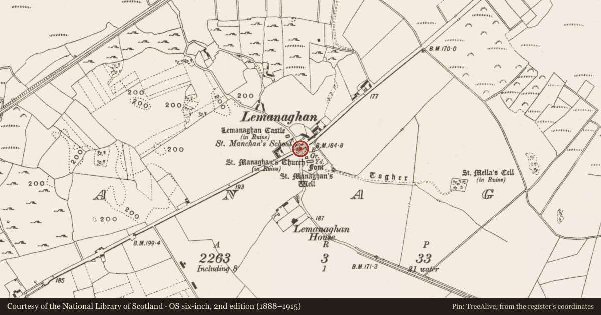 Ordnance Survey six-inch map, 2nd edition (1888–1915) covering the location of Settlement deserted - medieval, Lemanaghan, County Offaly, with a pin at the register's coordinates