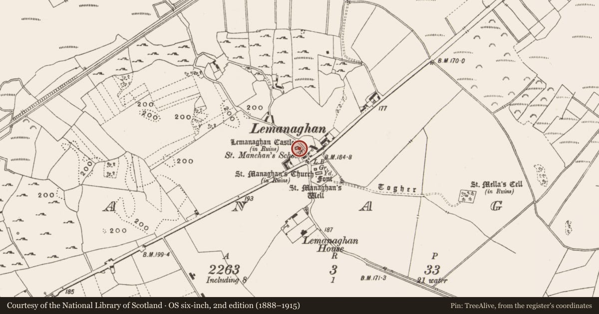 Ordnance Survey six-inch map, 2nd edition (1888–1915) covering the location of Sheela-na-gig, Lemanaghan, County Offaly, with a pin at the register's coordinates