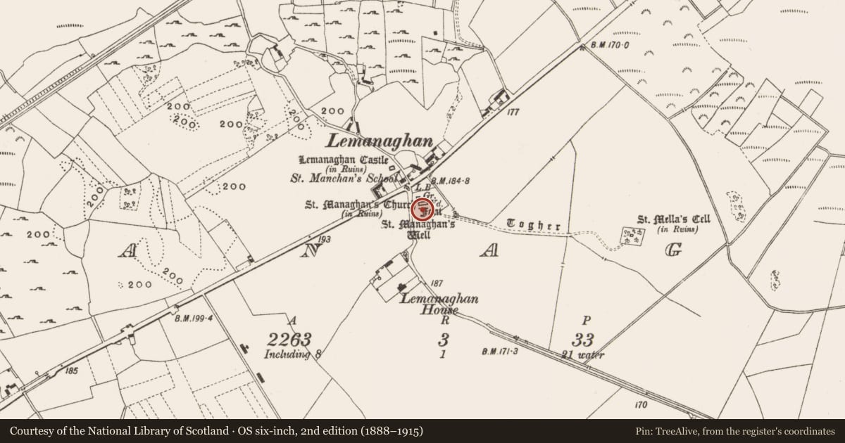 Ordnance Survey six-inch map, 2nd edition (1888–1915) covering the location of Decorated stone, Lemanaghan, County Offaly, with a pin at the register's coordinates
