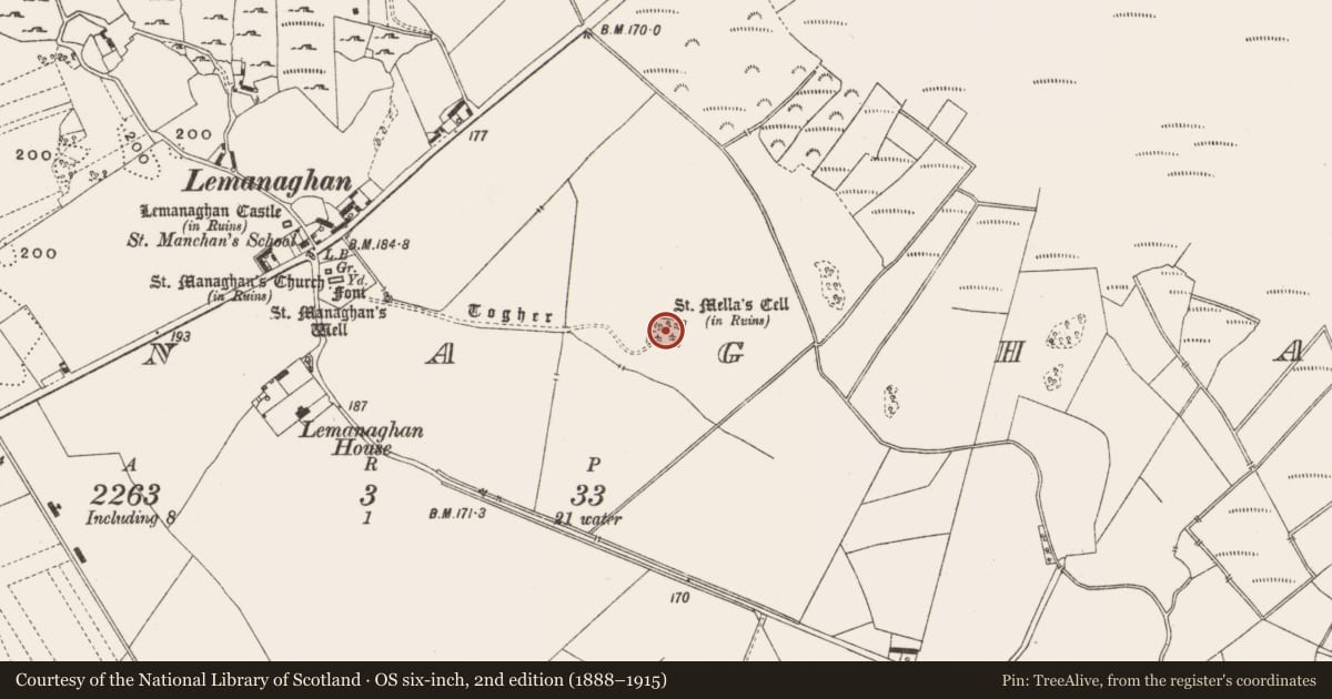 Ordnance Survey six-inch map, 2nd edition (1888–1915) covering the location of Hermitage, Lemanaghan, County Offaly, with a pin at the register's coordinates
