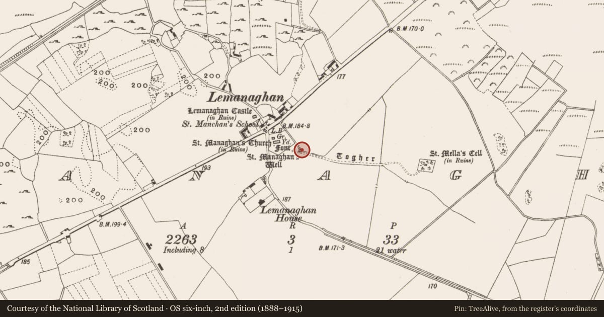 Ordnance Survey six-inch map, 2nd edition (1888–1915) covering the location of Ritual site - holy well, Lemanaghan, County Offaly, with a pin at the register's coordinates