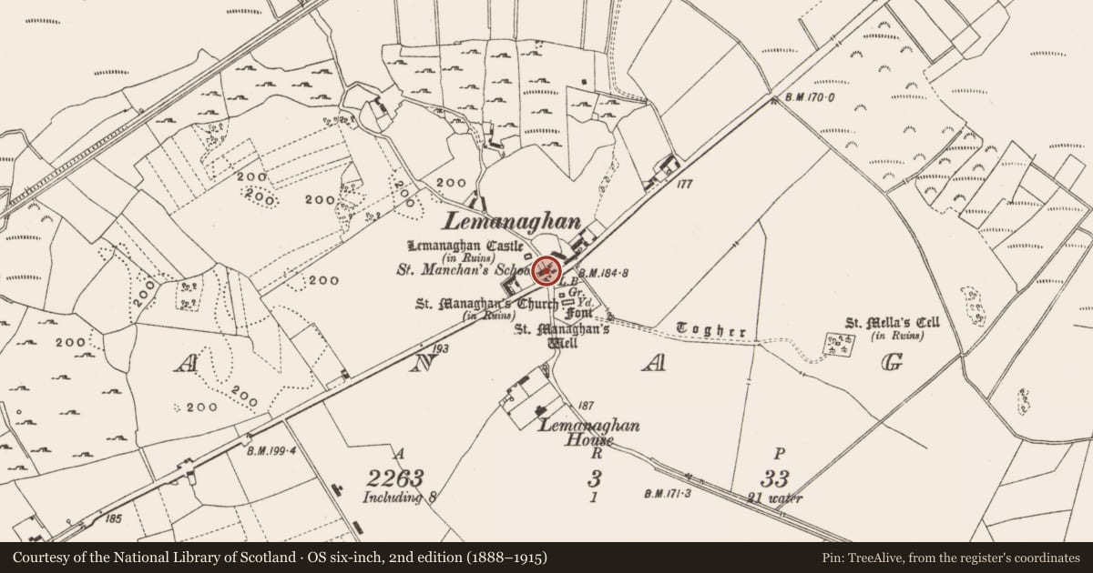 Ordnance Survey six-inch map, 2nd edition (1888–1915) covering the location of Font, Lemanaghan, County Offaly, with a pin at the register's coordinates
