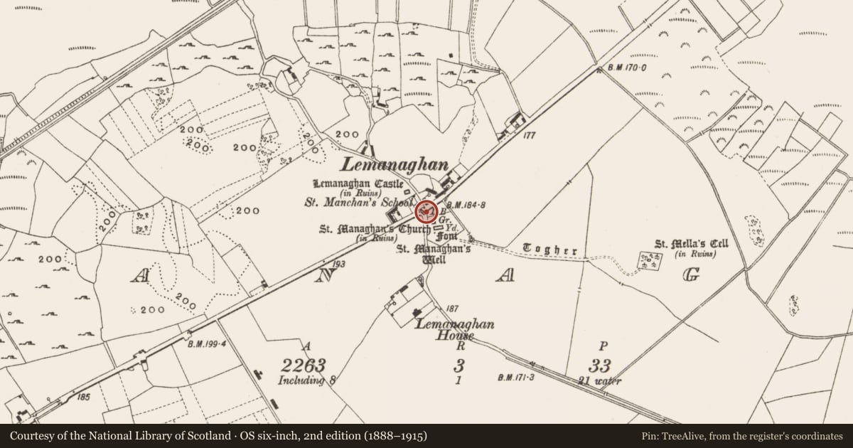 Ordnance Survey six-inch map, 2nd edition (1888–1915) covering the location of Bullaun stone, Lemanaghan, County Offaly, with a pin at the register's coordinates