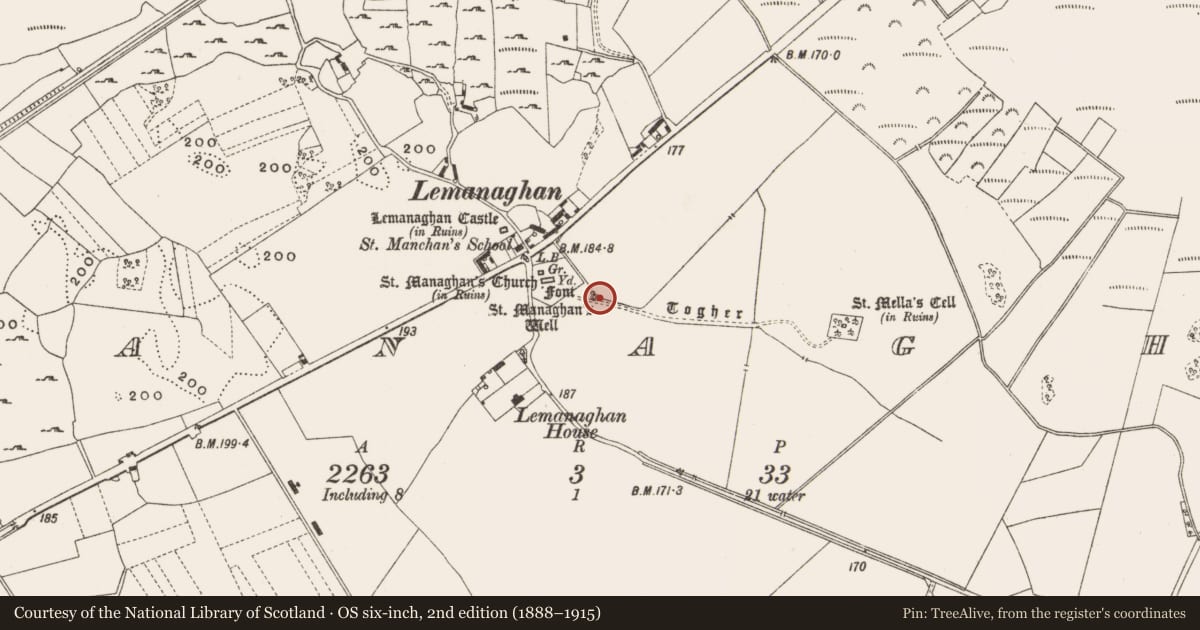 Ordnance Survey six-inch map, 2nd edition (1888–1915) covering the location of Bullaun stone, Lemanaghan, County Offaly, with a pin at the register's coordinates
