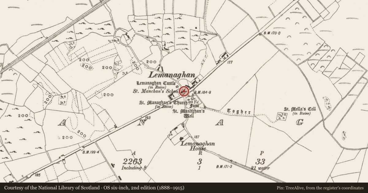 Ordnance Survey six-inch map, 2nd edition (1888–1915) covering the location of Cross-slab (present location), Lemanaghan, County Offaly, with a pin at the register's coordinates