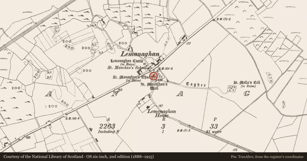 Ordnance Survey six-inch map, 2nd edition (1888–1915) covering the location of Cross-slab, Lemanaghan, County Offaly, with a pin at the register's coordinates