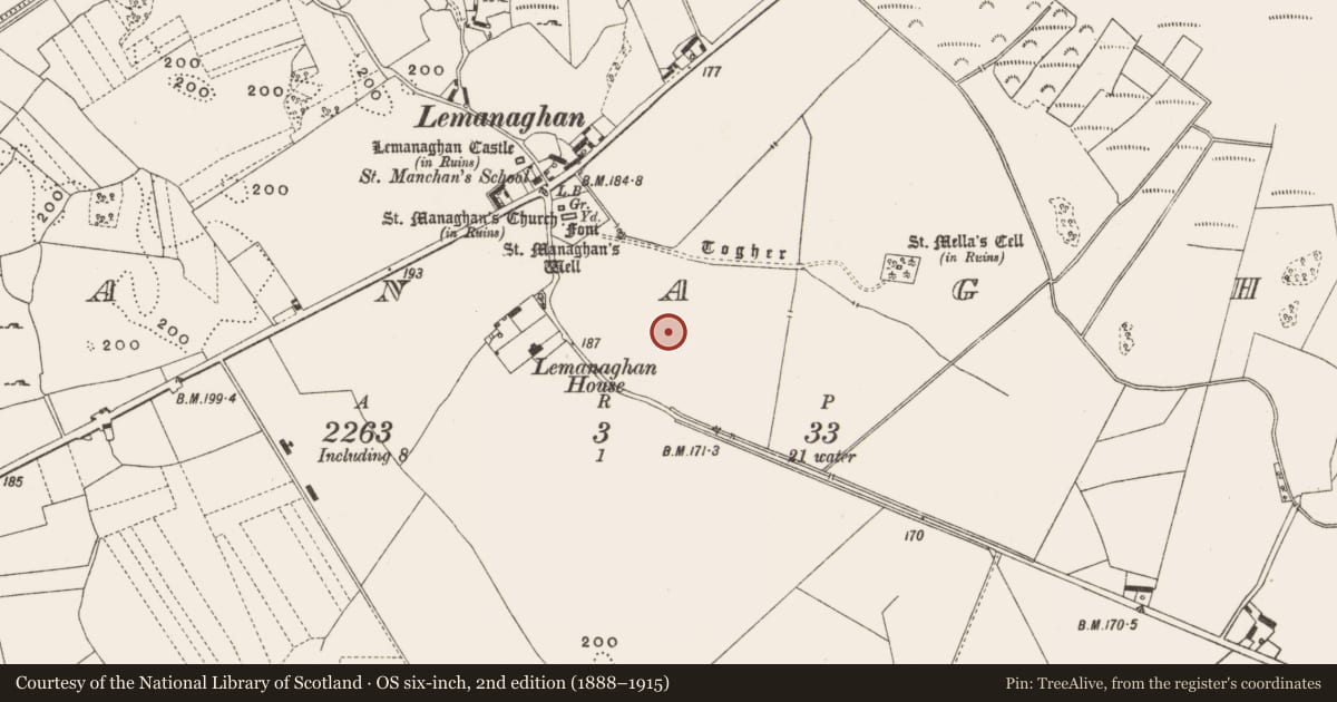 Ordnance Survey six-inch map, 2nd edition (1888–1915) covering the location of Enclosure, Lemanaghan, County Offaly, with a pin at the register's coordinates