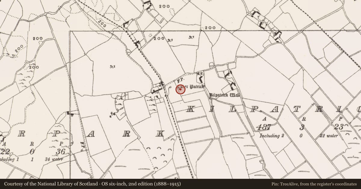 Ordnance Survey six-inch map, 2nd edition (1888–1915) covering the location of Ritual site - holy well, Kilpatrick, County Offaly, with a pin at the register's coordinates