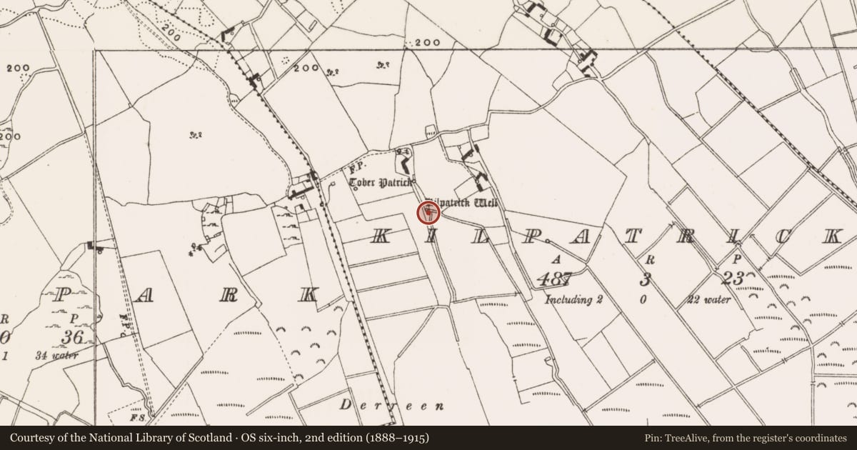 Ordnance Survey six-inch map, 2nd edition (1888–1915) covering the location of Ritual site - holy well, Kilpatrick, County Offaly, with a pin at the register's coordinates