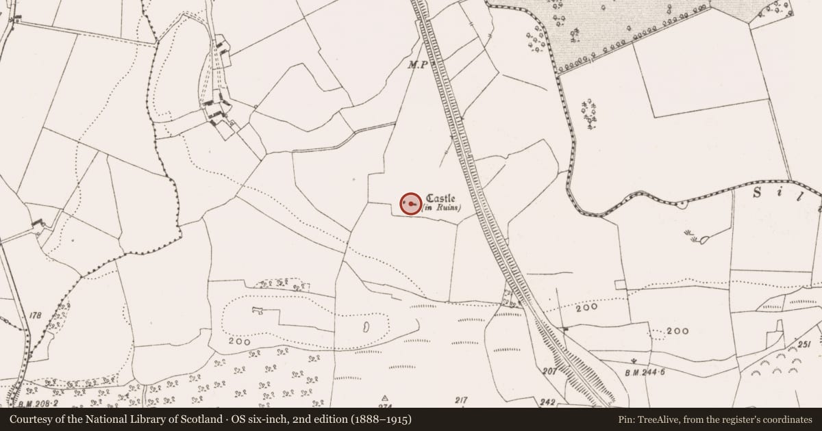Ordnance Survey six-inch map, 2nd edition (1888–1915) covering the location of Castle - unclassified, Ballykilmurry, County Offaly, with a pin at the register's coordinates