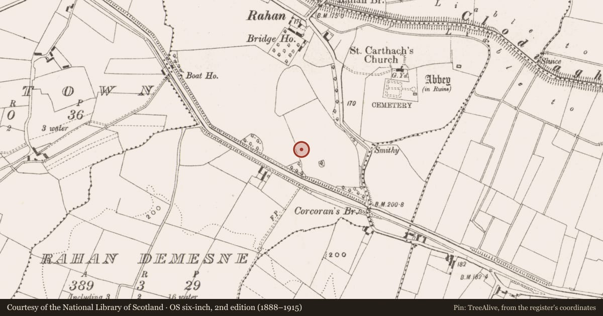 Ordnance Survey six-inch map, 2nd edition (1888–1915) covering the location of Ringfort - rath, Rahan Demesne, County Offaly, with a pin at the register's coordinates