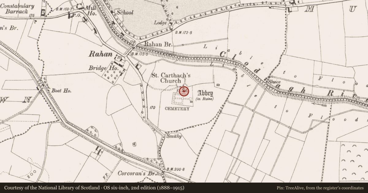 Ordnance Survey six-inch map, 2nd edition (1888–1915) covering the location of Graveyard, Rahan Demesne, County Offaly, with a pin at the register's coordinates
