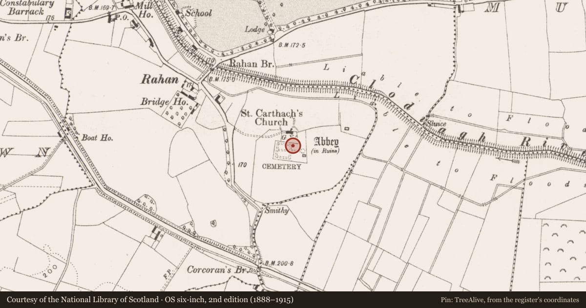 Ordnance Survey six-inch map, 2nd edition (1888–1915) covering the location of Cross-slab, Rahan Demesne, County Offaly, with a pin at the register's coordinates
