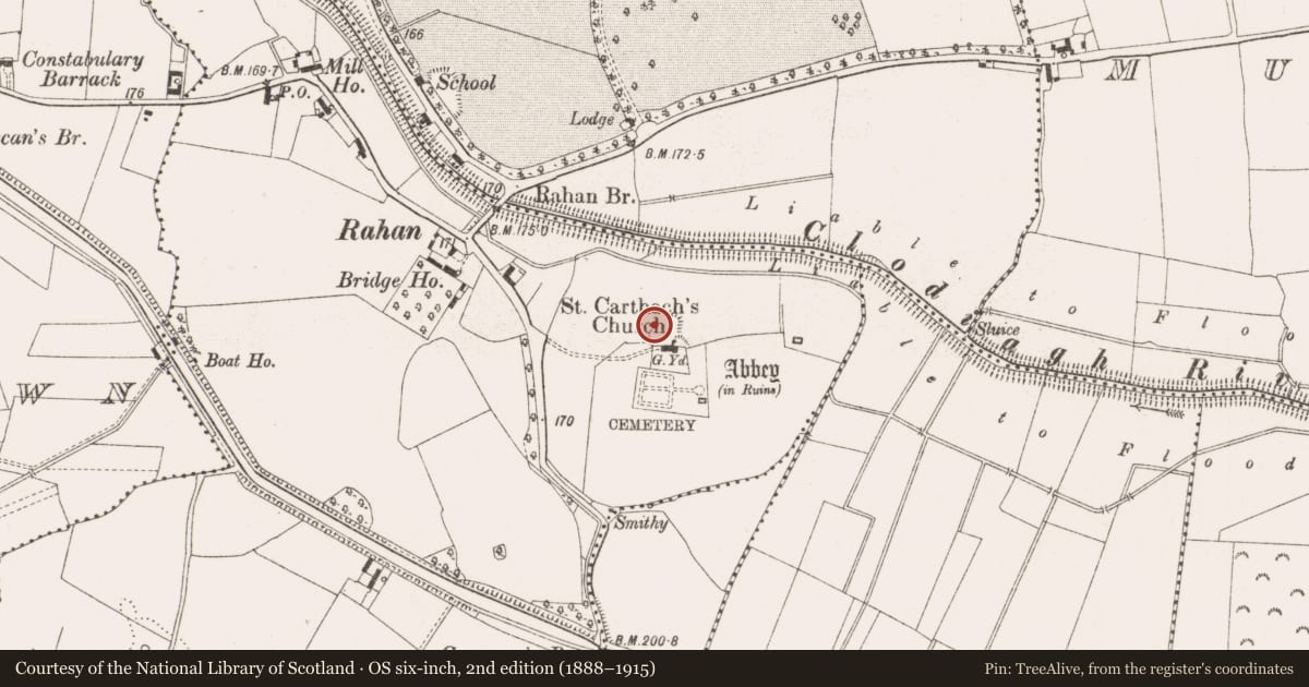 Ordnance Survey six-inch map, 2nd edition (1888–1915) covering the location of Field system, Rahan Demesne, County Offaly, with a pin at the register's coordinates