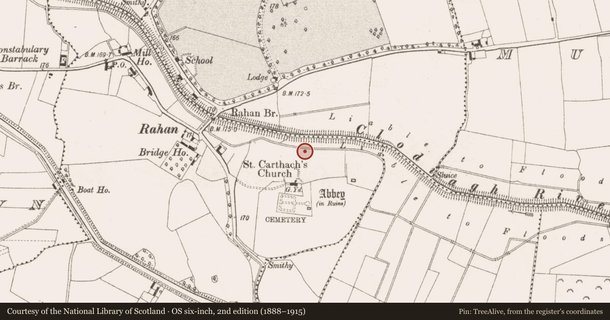 Ordnance Survey six-inch map, 2nd edition (1888–1915) covering the location of Ecclesiastical enclosure, Rahan Demesne, County Offaly, with a pin at the register's coordinates