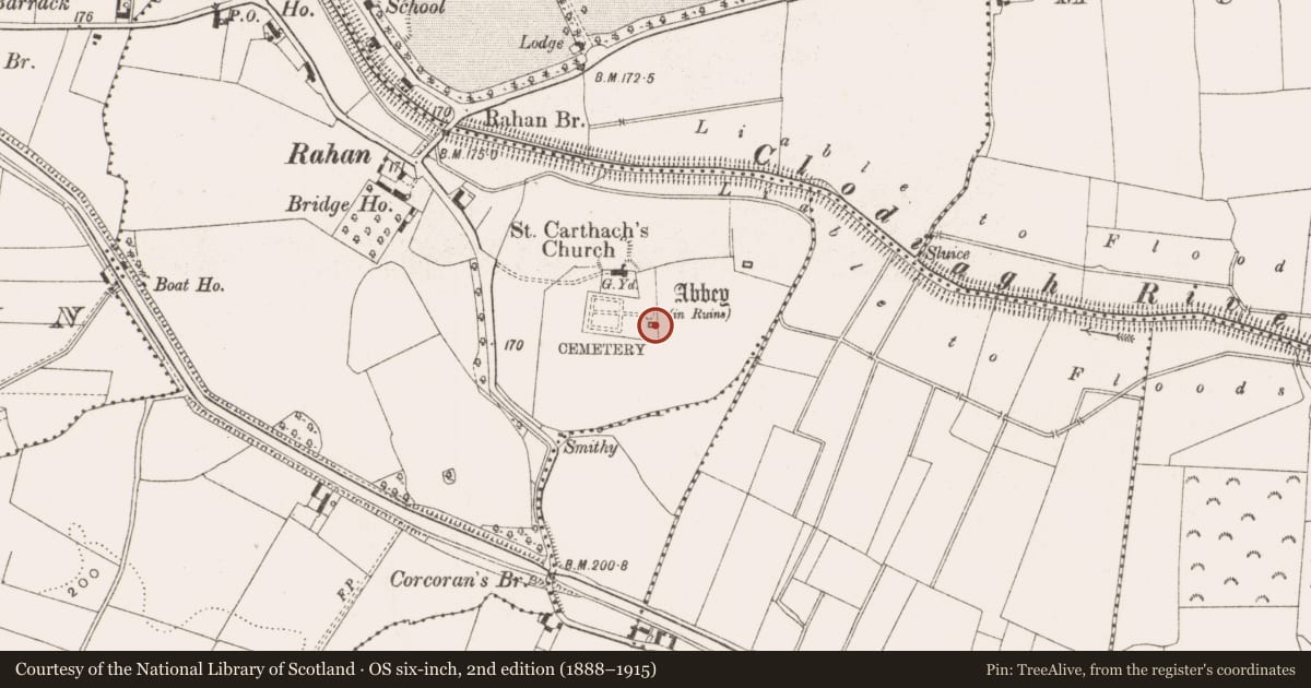 Ordnance Survey six-inch map, 2nd edition (1888–1915) covering the location of Castle - tower house, Rahan Demesne, County Offaly, with a pin at the register's coordinates