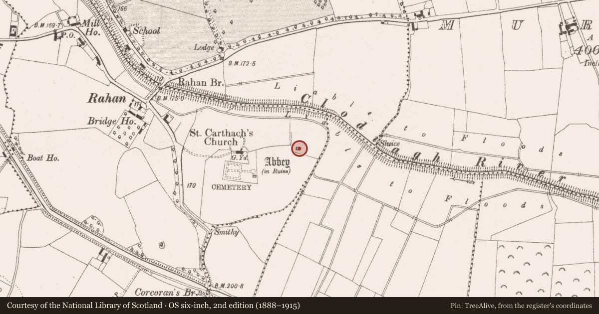 Ordnance Survey six-inch map, 2nd edition (1888–1915) covering the location of Church, Rahan Demesne, County Offaly, with a pin at the register's coordinates